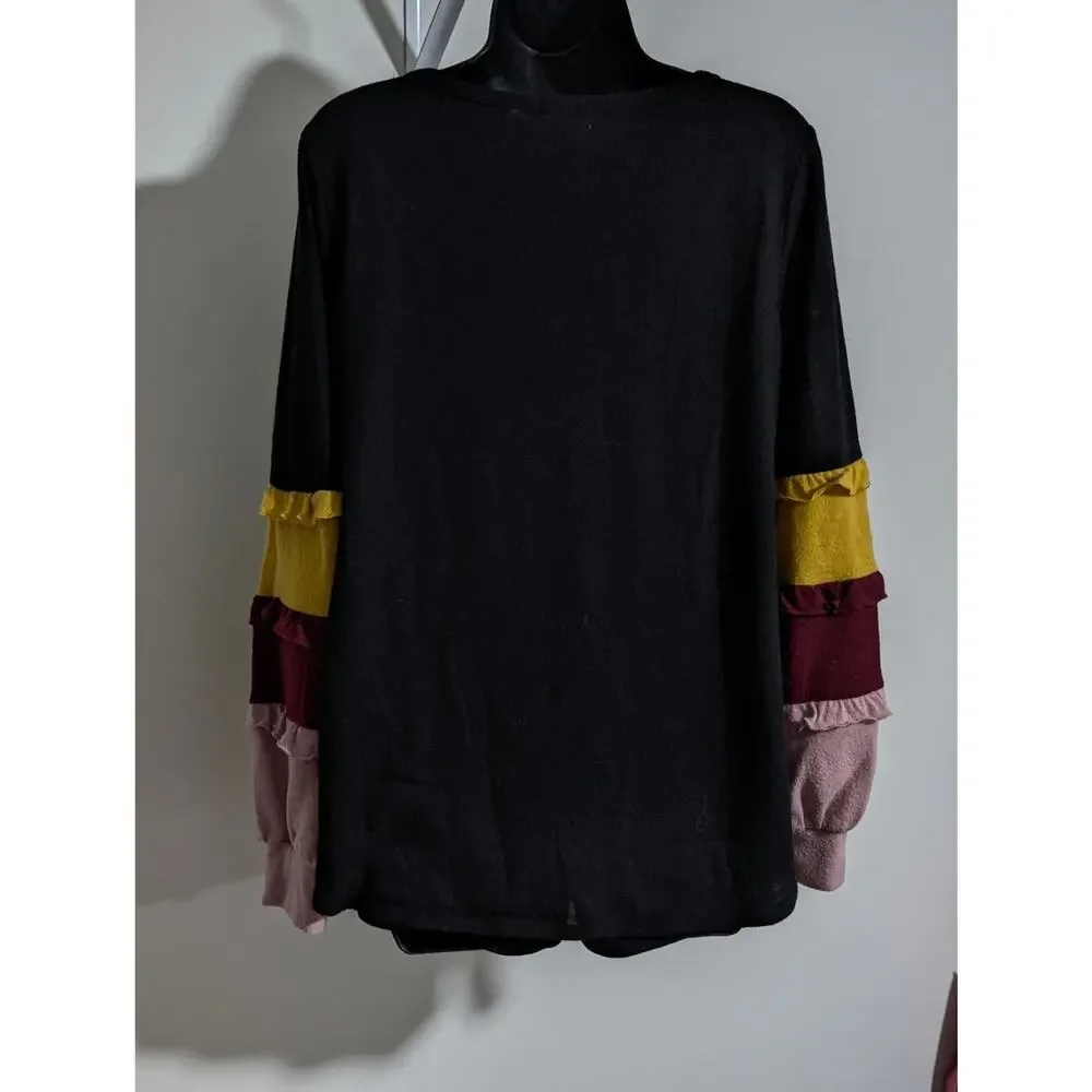 BIBI Colorblock Ruffle Balloon Sleeve Lightweight Pullover Sweater Top Large - Picture 3 of 5